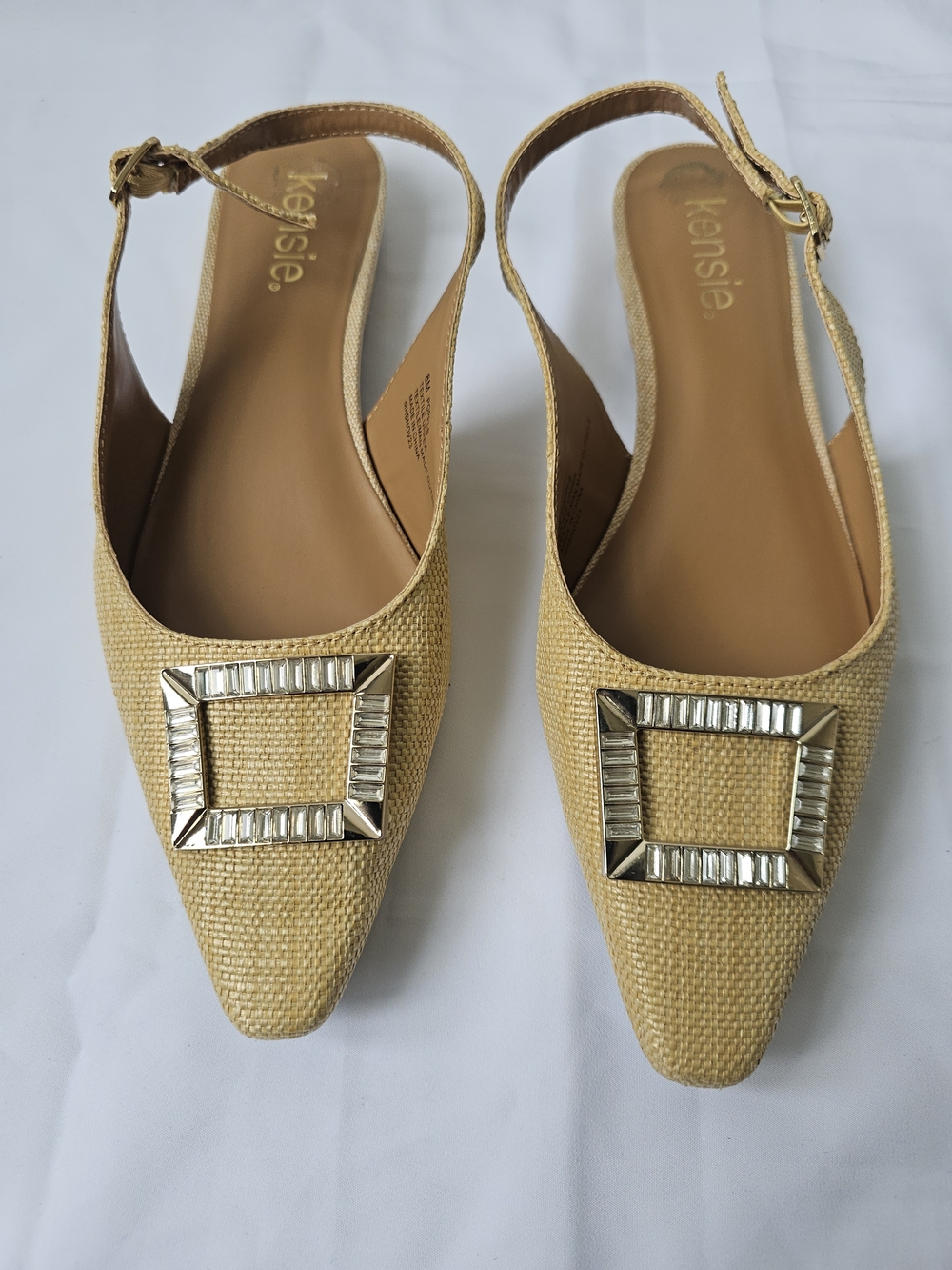 Kensie Poppi Raffia Slingback Flats - Tan/Natural with Crystal Buckle